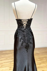 Black Long Satin with Lace Straps Long Party Dress, Black Evening Dress