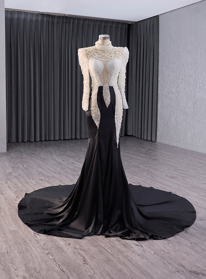 Black Mermaid Long Sleeve Pearls Prom Dress