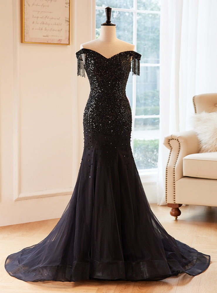 Black Mermaid Tulle Off the Shoulder Beading Prom Dress