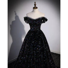 Black Off Shoulder Shiny Beaded Long Prom Dress A-line Black Evening Dress prom dresses shops