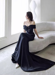 Black Off Shoulder Soft Satin Floor Length Party Dress, Black Satin Evening Dress