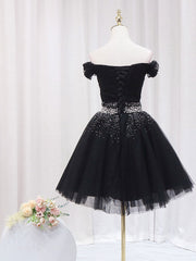 Evening Dress Red, Black Off Shoulder Tulle Sequin Short Prom Dress, Black Homecoming Dresses