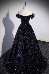 Prom Shoes, Black Off the Shoulder Beaded Long Formal Dress, Black Shiny Sequins Evening Dress