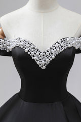 Black Off the Shoulder Pearls Long Sleeve Prom Dress, A-Line Evening Party Dress with Slit