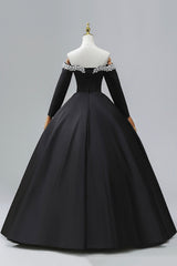 Black Off the Shoulder Pearls Long Sleeve Prom Dress, A-Line Evening Party Dress with Slit