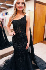 Black One Shoulder Appliques Mermaid Long Prom Dresses