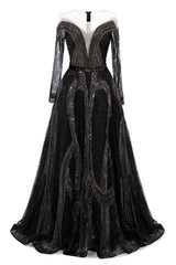 Black Prom Dresses A-line Heavily Beading Long Sleeves Women Evening Dresses