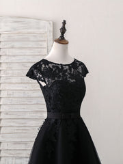 Black Round Neck Tulle Lace Applique Short Prom Dress, Black Homecoming Dress