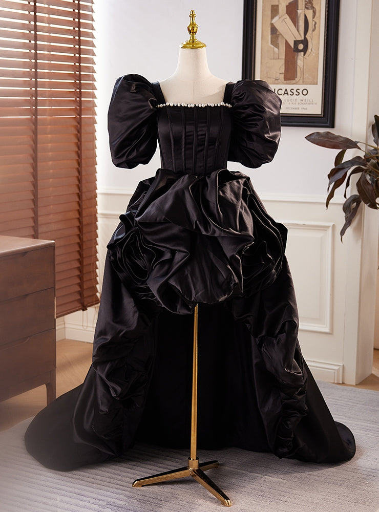 Black Satin  Square Puff Sleeve Prom Dress