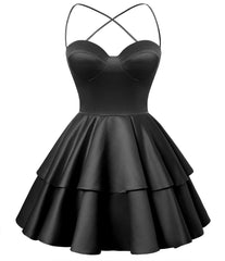 Black Satin Homecoming Dress Sweetheart Neck Tiered Short Graduation Dresses