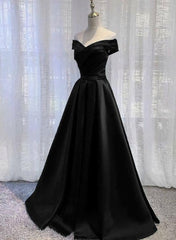 Prom Dresses Blush, Black Satin Off Shoulder Long Simple Evening Dress Formal Dress, Black Party Dresses