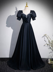 Black Satin Short Sleeve Pleats Prom Dress