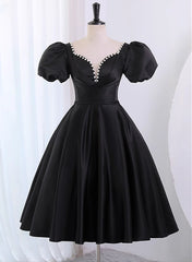 Prom Dresses Curvy, Black Satin Short Sleeves Knee Length Party Dress, Black Homecoming Dress