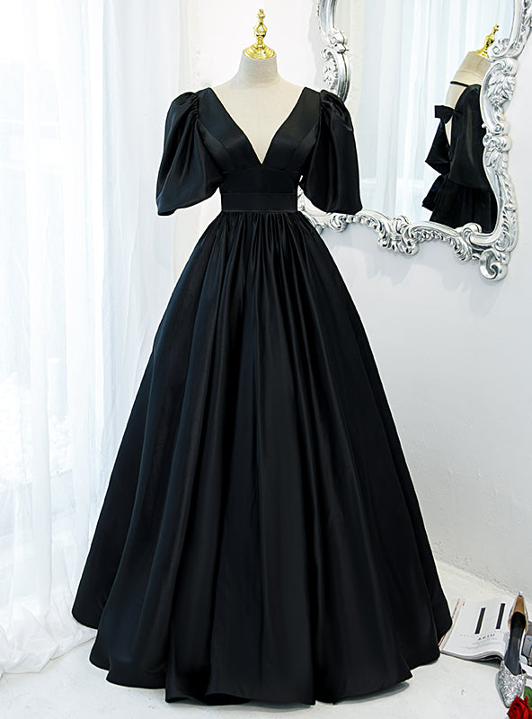 Black Satin V-neck Backless Puff Sleeve Prom Dress