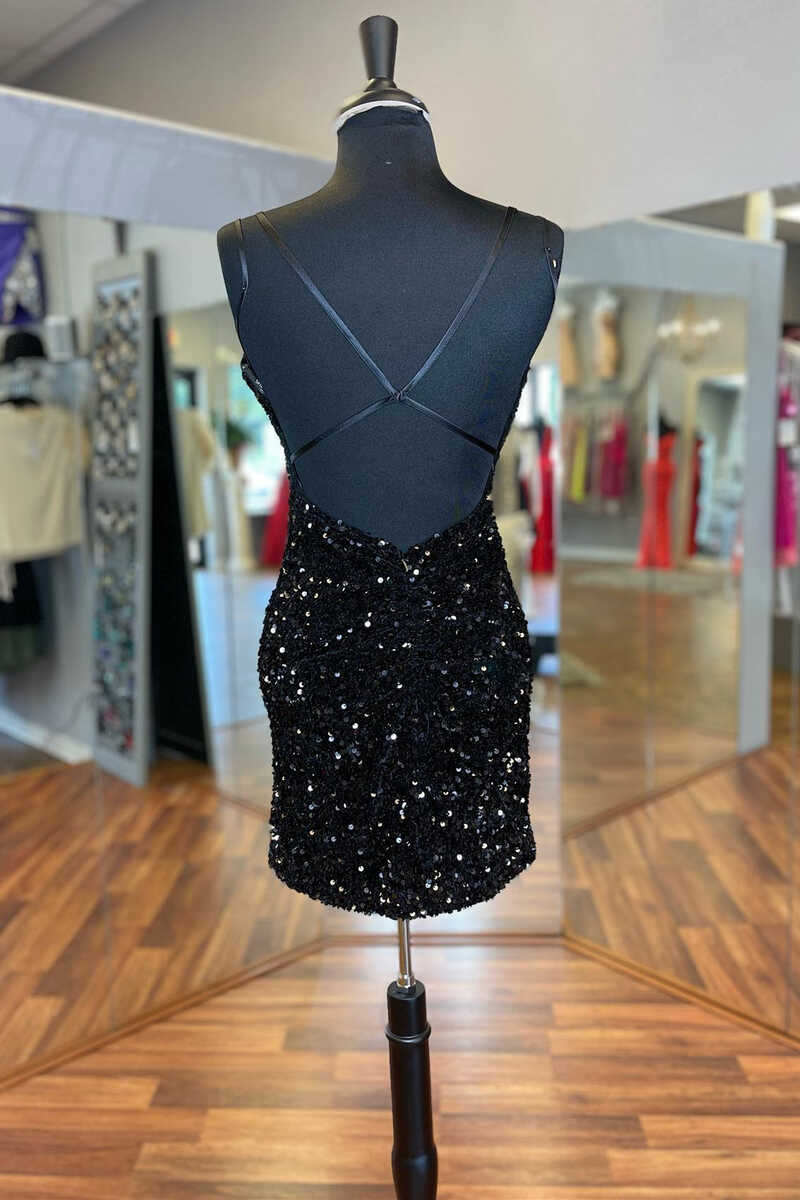 Wedding Dresses With Sleeve, Black Sequin V-Neck Backless Short Homecoming Dress Wedding