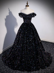 Black Sequins Off the Shoulder Prom Dress