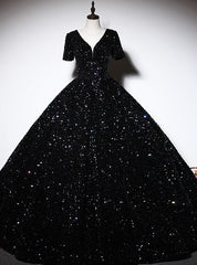 Black Sequins V-neck Short Sleeve Quinceanera Dress