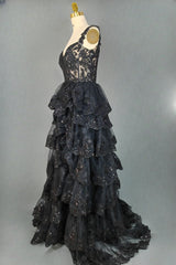 Black Sparkly Corset Prom Dresses Off The Shoulder Tiered A-Line Sweetheart Neck Tulle Lace Evening Dresses