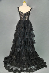 Black Sparkly Corset Prom Dresses Off The Shoulder Tiered A-Line Sweetheart Neck Tulle Lace Evening Dresses