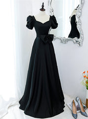 Black Square Puff Sleeve Beading Prom Dress