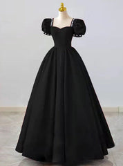 Black Square Puff Sleeve Crystal Prom Dres