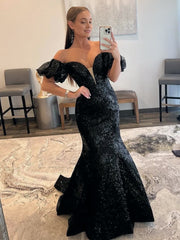 Black Strapless Sequins Long Mermaid Prom Dress