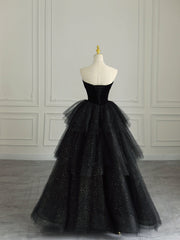 Black Strapless Layered Velvet Tulle Long Prom Dress Evening Dress