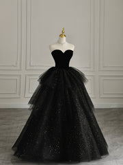 Black Strapless Layered Velvet Tulle Long Prom Dress Evening Dress