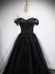 Party Dress Hijab, Black Sweetheart Off Shoulder Tulle Long Prom Dress, Black Evening Dress