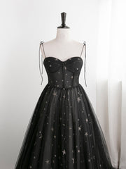 Evening Dresses Long Elegant, Black Sweetheart Tulle Straps Long Formal Dress, Black Evening Party Dresses