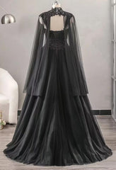 Black Sweetheart Tulle with Lace Long Sweet 16 Dress, Black Formal Dress with Cape