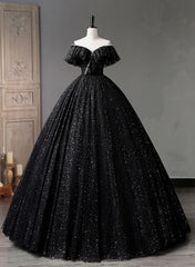 Black Tulle Beaded Long Formal Gown, Black Tulle A-line Prom Dress