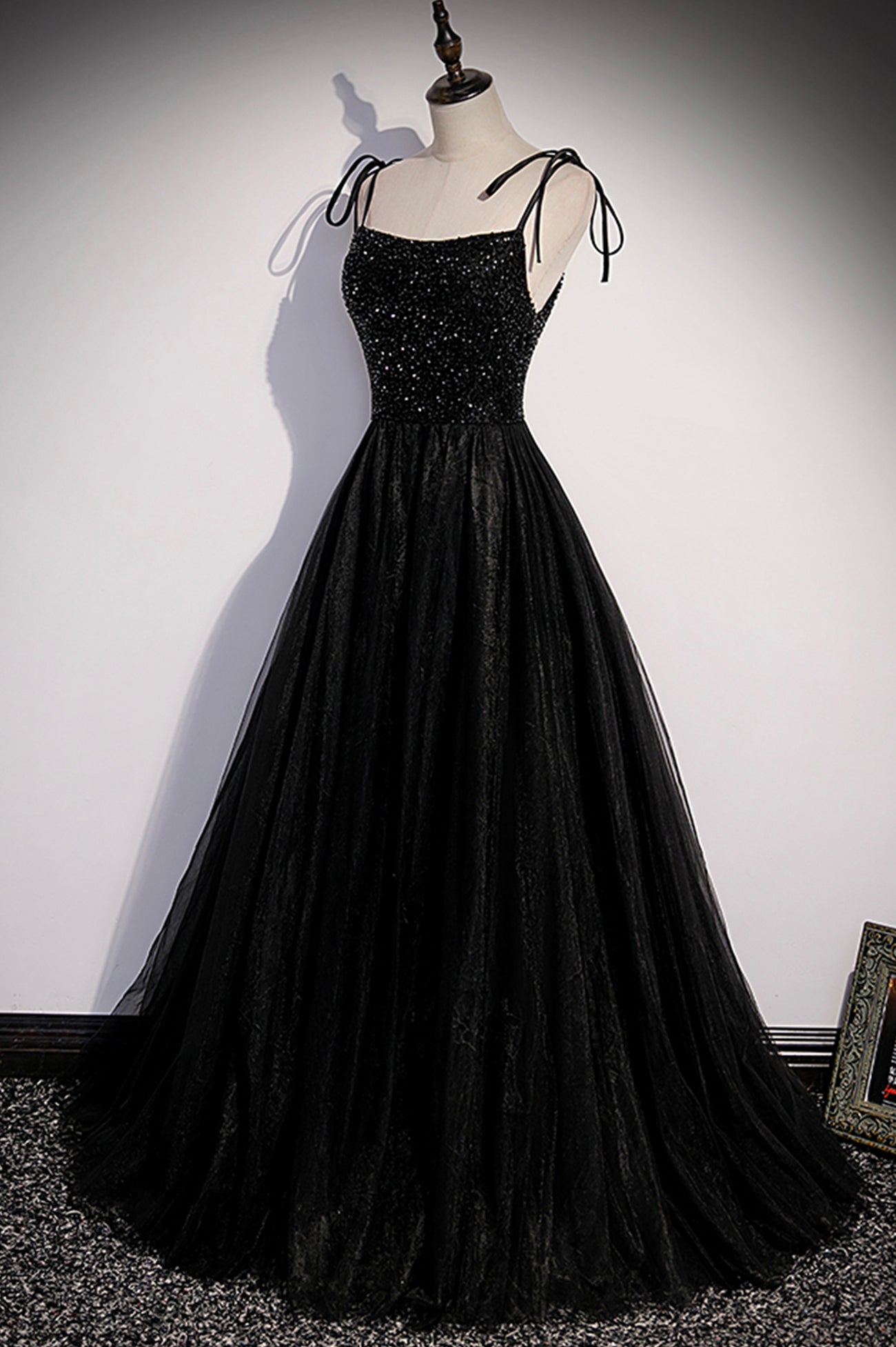 Prom Dresses Gown, Black Tulle Beaded Long Prom Dress, A-Line Spaghetti Straps Evening Dress