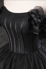 Homecoming Dresses Sparkle, Black Tulle Floor Length A-Line Prom Dress, Off the Shoulder Evening Party Dress