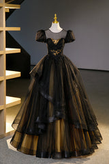 Prom Dress Graduacion, Black Tulle Lace Long Prom Dresses, Black Short Sleeve Evening Dresses