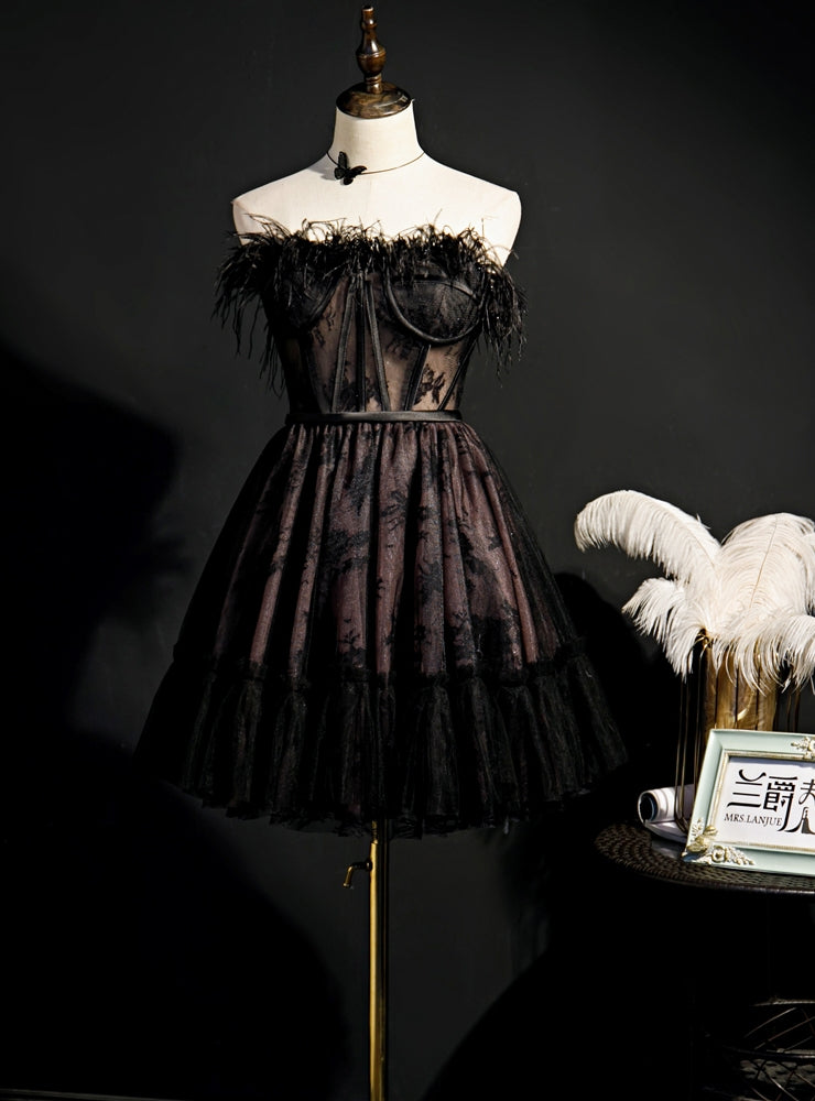 Black Tulle Lace Strapless Feather Homecoming Dress