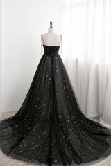 Evening Dresses Cheap, Black Tulle Long Prom Dress with Stars, Cute Spaghetti Straps Graduation Dress