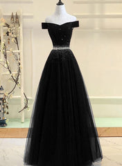 Evening Dresses Short, Black Tulle Off Shoulder Beaded Party Dress , Black New Dress for Party