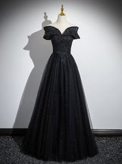 Black Tulle Off the Shoulder Appliques Prom Dress