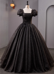 Black Tulle Puff Sleeve Appliques Pleats Quinceanera Dress