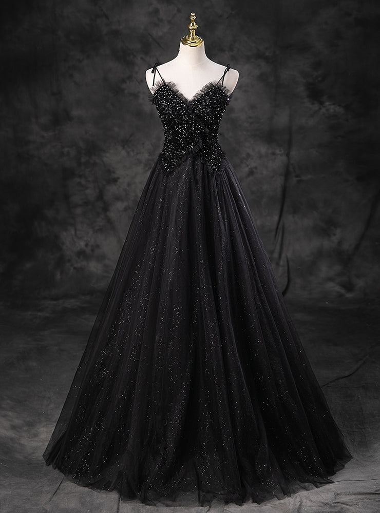 Black Tulle Sequins Straps Beading Prom Dress