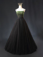 Black Tulle Spaghetti Straps Green Beading Prom Dress