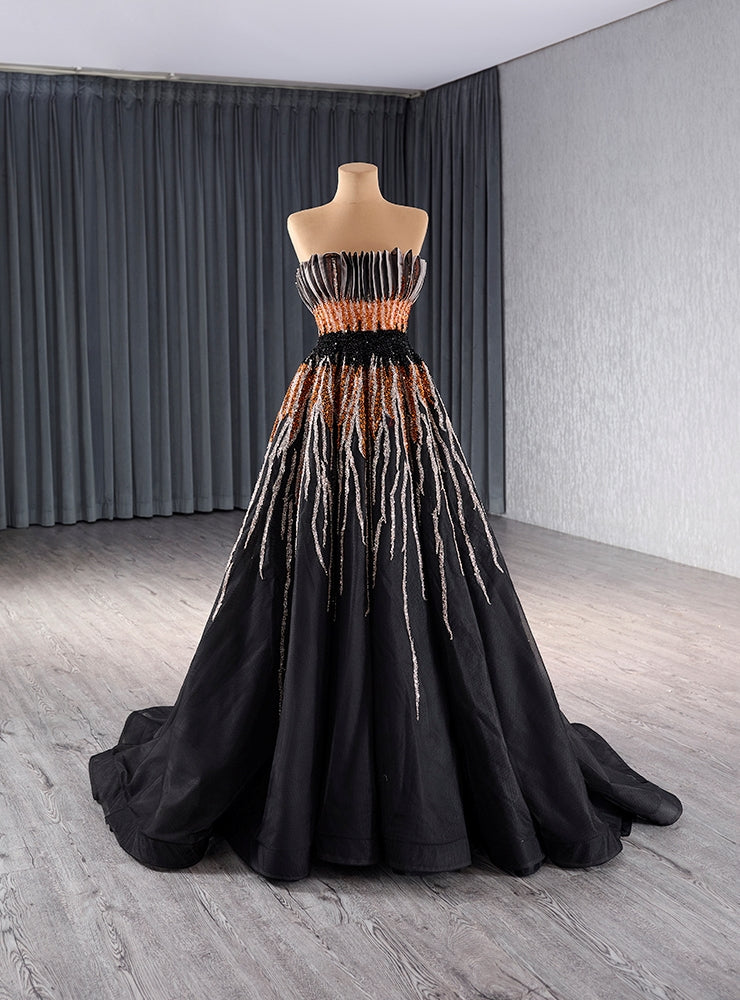 Black Tulle Strapless Pleats Beading Prom Dress