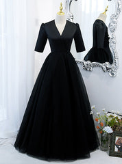 Black Tulle V-neck Short Sleeve Prom Dress