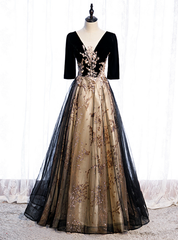 Black Tulle Velvet Short Sleeve Sequins Prom Dress