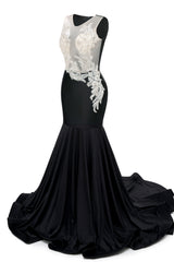 Black V-Neck Sheer Corset Prom Dresses Beaded Mermaid Long Train Evening Gowns