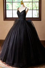 Black V-Neck Tulle Lace Prom Dress, Gorgeous A-Line Evening Party Dress