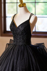 Black V-Neck Tulle Lace Prom Dress, Gorgeous A-Line Evening Party Dress