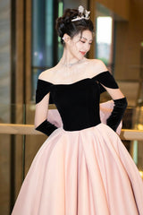 Black Velvet and Pink Satin Long Prom Dress, Off the Shoulder Evening Party Dress