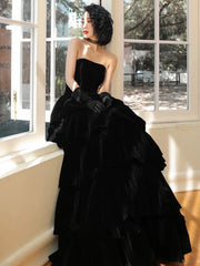 Black Velvet Layers Strapless Long A-line Prom Dress, Black Velvet Formal Dress